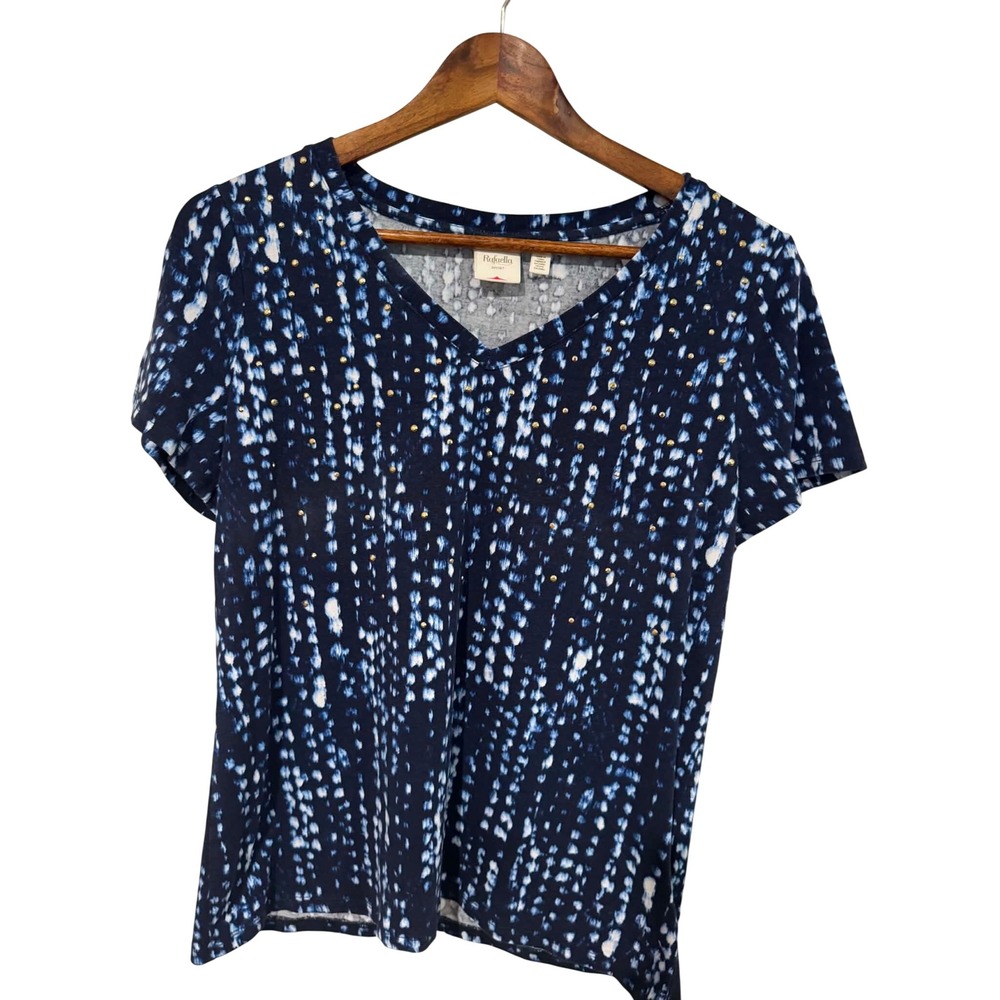 Rafaella Sport V-Neck Top Womens M Blue White Studded Abstract Short Sleeve